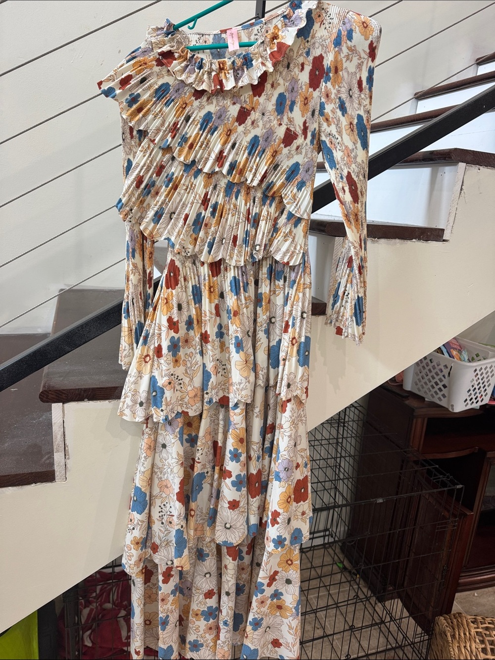 Cream Floral Ruffle Maxi Dress with Blue & Rust Accents